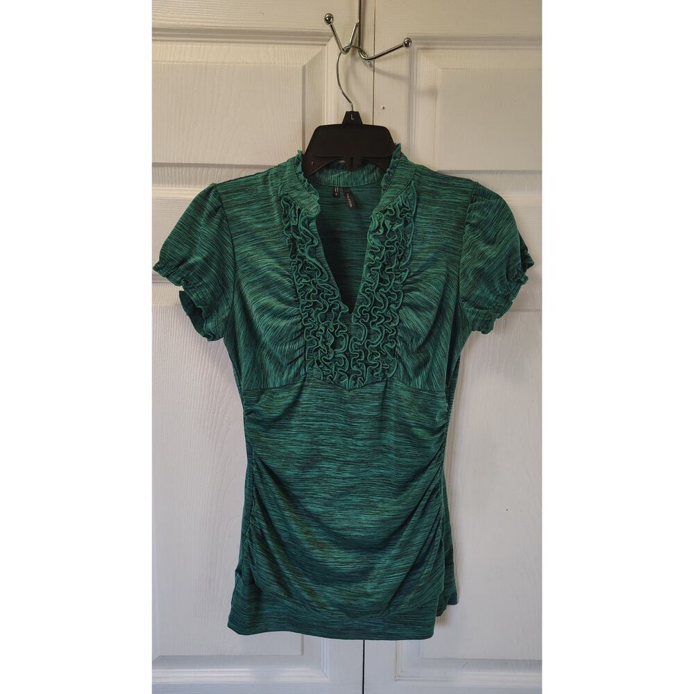 Maurices Green Space Dye Ruffle Neck Top Ruched Sides Small